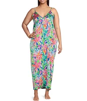 VAN WINKLE & CO. Plus Size Tropical Floral Print Woven Satin V-Neck Sleeveless Maxi Chemise