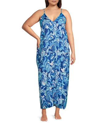 VAN WINKLE & CO. Plus Size Woven Satin Boho Breeze Print Sleeveless V-Neck Side Slit Maxi Chemise