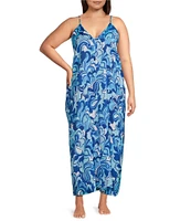 VAN WINKLE & CO. Plus Size Woven Satin Boho Breeze Print Sleeveless V-Neck Side Slit Maxi Chemise