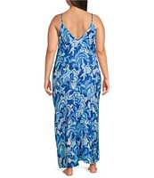 VAN WINKLE & CO. Plus Size Woven Satin Boho Breeze Print Sleeveless V-Neck Side Slit Maxi Chemise