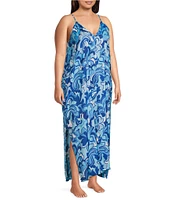 VAN WINKLE & CO. Plus Size Woven Satin Boho Breeze Print Sleeveless V-Neck Side Slit Maxi Chemise