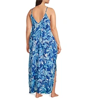 VAN WINKLE & CO. Plus Size Woven Satin Boho Breeze Print Sleeveless V-Neck Side Slit Maxi Chemise