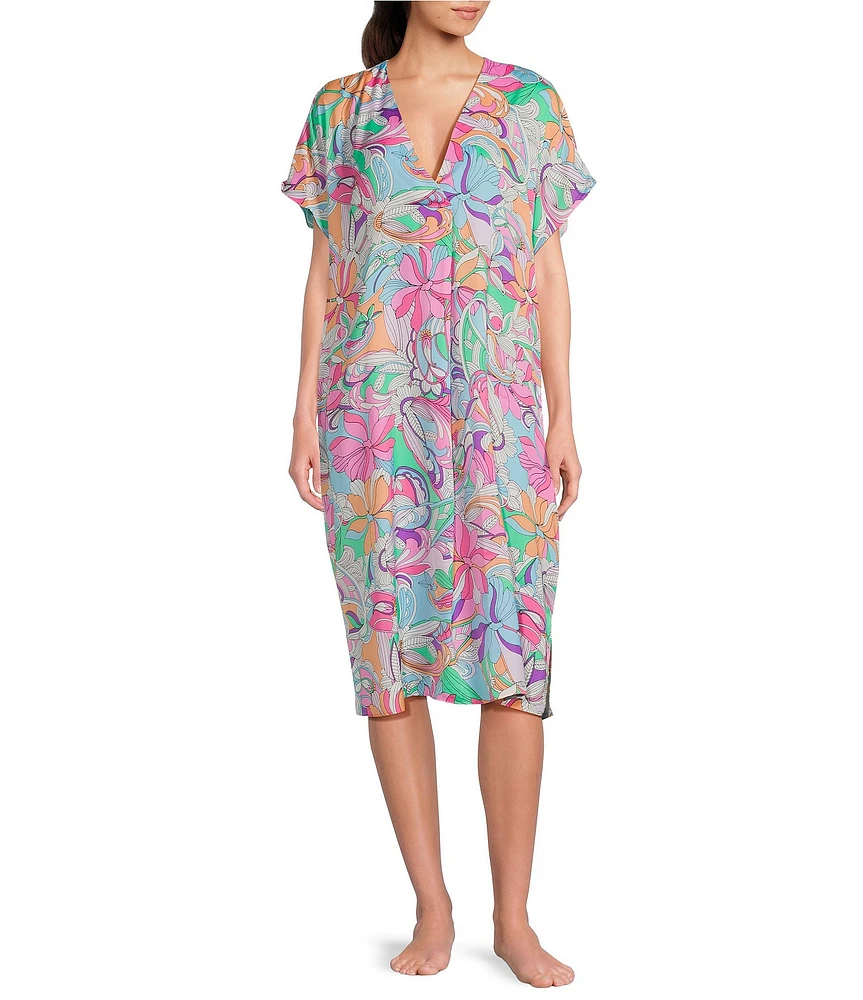 VAN WINKLE & CO. Retro Paisley Print V-Neck Short Dolman Sleeve Satin Midi Caftan