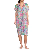 VAN WINKLE & CO. Retro Paisley Print V-Neck Short Dolman Sleeve Satin Midi Caftan