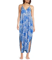 VAN WINKLE & CO. Satin Geo Floral Print Sleeveless V-Neck Maxi Chemise