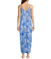 VAN WINKLE & CO. Satin Geo Floral Print Sleeveless V-Neck Maxi Chemise