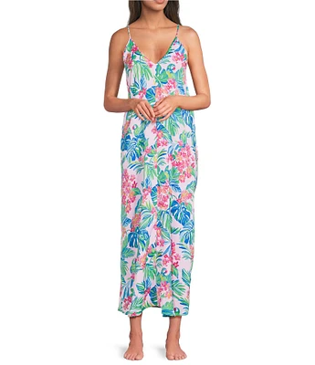VAN WINKLE & CO. Satin Jungle Parrot Print Sleeveless V-Neck Maxi Chemise