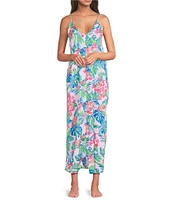 VAN WINKLE & CO. Satin Jungle Parrot Print Sleeveless V-Neck Maxi Chemise