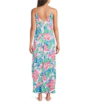 VAN WINKLE & CO. Satin Jungle Parrot Print Sleeveless V-Neck Maxi Chemise