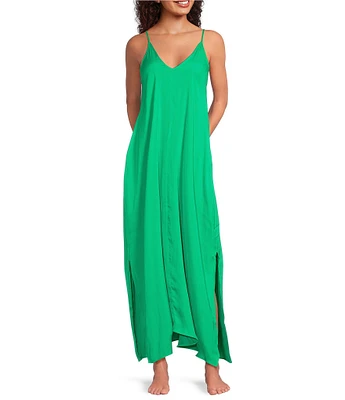 Van Winkle & Co. Solid Washed Satin Sleeveless V-Neck Maxi Chemise