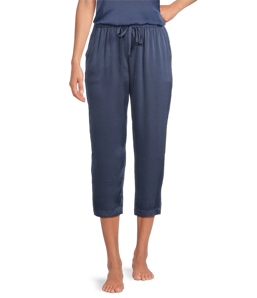 VAN WINKLE & CO. Solid Woven Satin Elastic Waist Pocketed Cropped Coordinating Sleep Pant