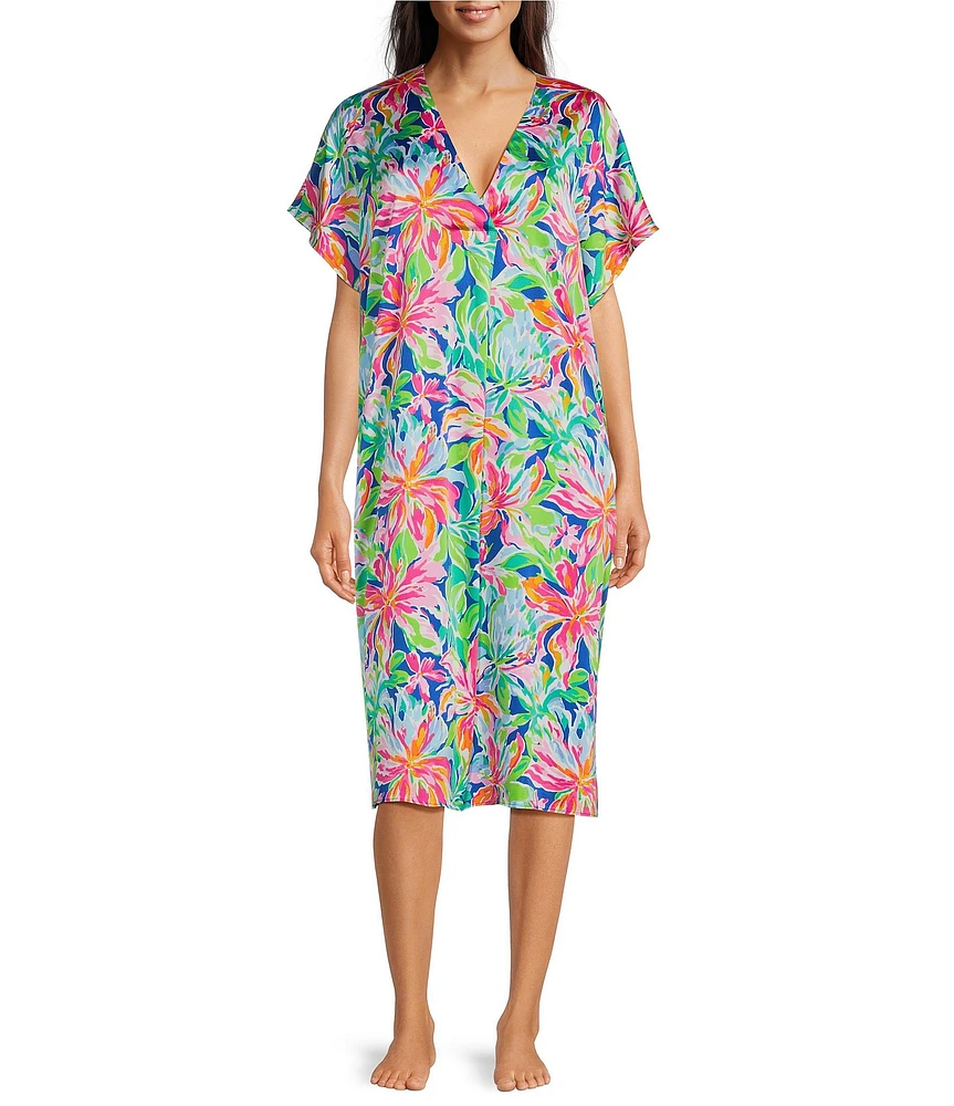 VAN WINKLE & CO. Tropical Floral Print V-Neck Short Dolman Sleeve Satin  Midi Caftan | The Shops at Willow Bend