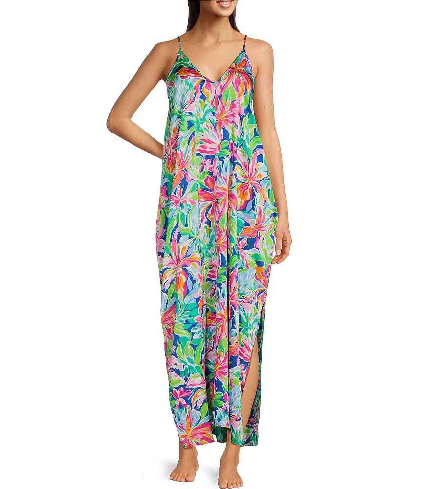 VAN WINKLE & CO. Tropical Floral Print Woven Satin V-Neck Sleeveless Side Slit Maxi Chemise