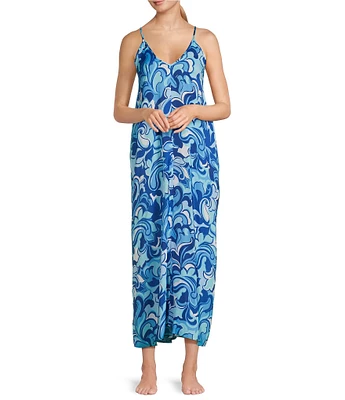 VAN WINKLE & CO. Woven Satin Boho Breeze Print Sleeveless V-Neck Side Slit Maxi Chemise
