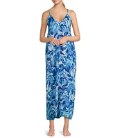 VAN WINKLE & CO. Woven Satin Boho Breeze Print Sleeveless V-Neck Side Slit Maxi Chemise