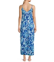 VAN WINKLE & CO. Woven Satin Boho Breeze Print Sleeveless V-Neck Side Slit Maxi Chemise
