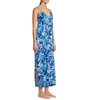 VAN WINKLE & CO. Woven Satin Boho Breeze Print Sleeveless V-Neck Side Slit Maxi Chemise