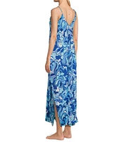 VAN WINKLE & CO. Woven Satin Boho Breeze Print Sleeveless V-Neck Side Slit Maxi Chemise