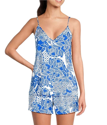 VAN WINKLE & CO. Woven Satin Geo Floral Print Sleeveless V-Neck Coordinating Sleep Top
