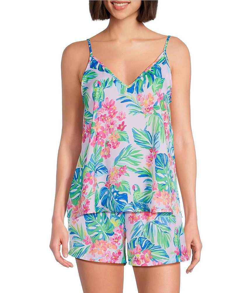 VAN WINKLE & CO. Woven Satin Jungle Parrot Print Sleeveless V-Neck Coordinating Sleep Top