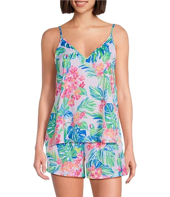 VAN WINKLE & CO. Woven Satin Jungle Parrot Print Sleeveless V-Neck Coordinating Sleep Top