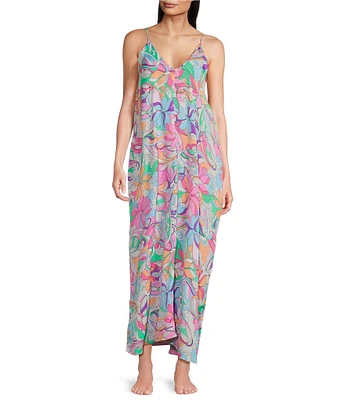 VAN WINKLE & CO. Woven Satin Retro Paisley Print Sleeveless V-Neck Side Slit Maxi Chemise