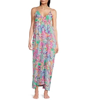 VAN WINKLE & CO. Woven Satin Retro Paisley Print Sleeveless V-Neck Side Slit Maxi Chemise
