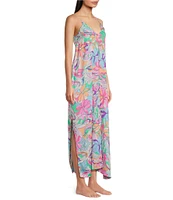 VAN WINKLE & CO. Woven Satin Retro Paisley Print Sleeveless V-Neck Side Slit Maxi Chemise