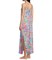 VAN WINKLE & CO. Woven Satin Retro Paisley Print Sleeveless V-Neck Side Slit Maxi Chemise