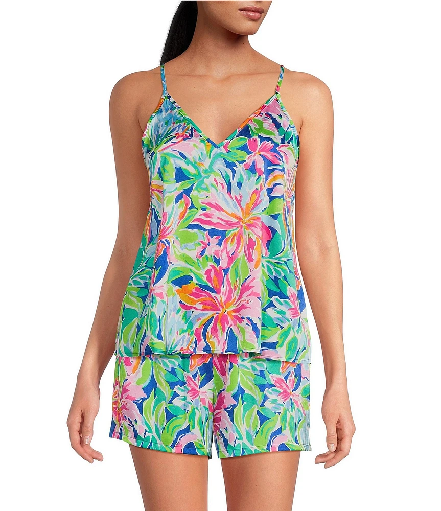 VAN WINKLE & CO. Woven Tropical Floral Satin V-Neck Coordinating Sleep Tank