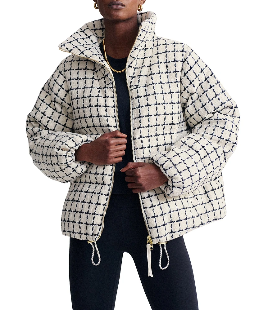 Varley Eugene Wool Blend Tweed Check Stand Collar Long Sleeve Zipper Front Oversized Puffer Jacket