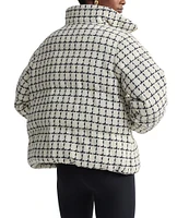 Varley Eugene Wool Blend Tweed Check Stand Collar Long Sleeve Zipper Front Oversized Puffer Jacket