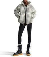 Varley Eugene Wool Blend Tweed Check Stand Collar Long Sleeve Zipper Front Oversized Puffer Jacket