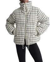 Varley Eugene Wool Blend Tweed Check Stand Collar Long Sleeve Zipper Front Oversized Puffer Jacket