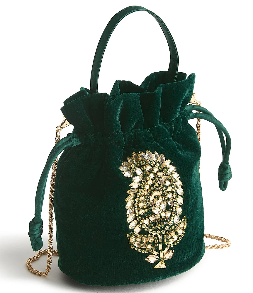 Vera Bradley Tilden Green Velvet Rhinestone Drawstring Crossbody Bag