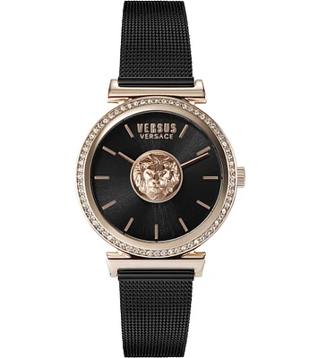 Versace Versus By Versace Women's Brick Lane Crystal Analog Black Tone Stainless Steel Mesh Bracelet Watch