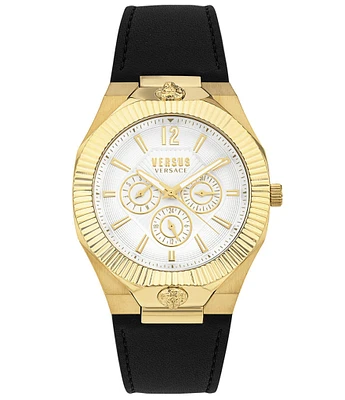 Versus By Versace Men's Echo Park Multifunction Gold Tone Black Leather Strap Watch