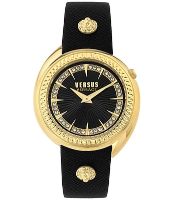 Versus By Versace Women's Tortona Gold Crystal Two Hand Black Leather Strap Watch