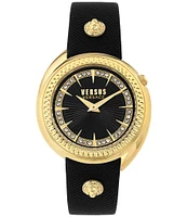 Versus By Versace Women's Tortona Gold Crystal Two Hand Black Leather Strap Watch