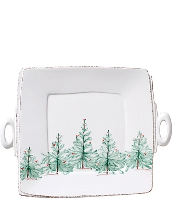 VIETRI Lastra Holiday Christmas Tree Handled Square Platter