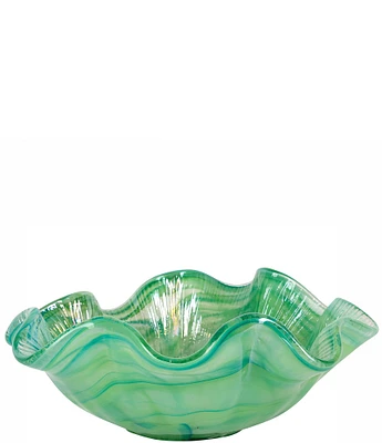 VIETRI Onda Glass Green Ruffled Round Bowl