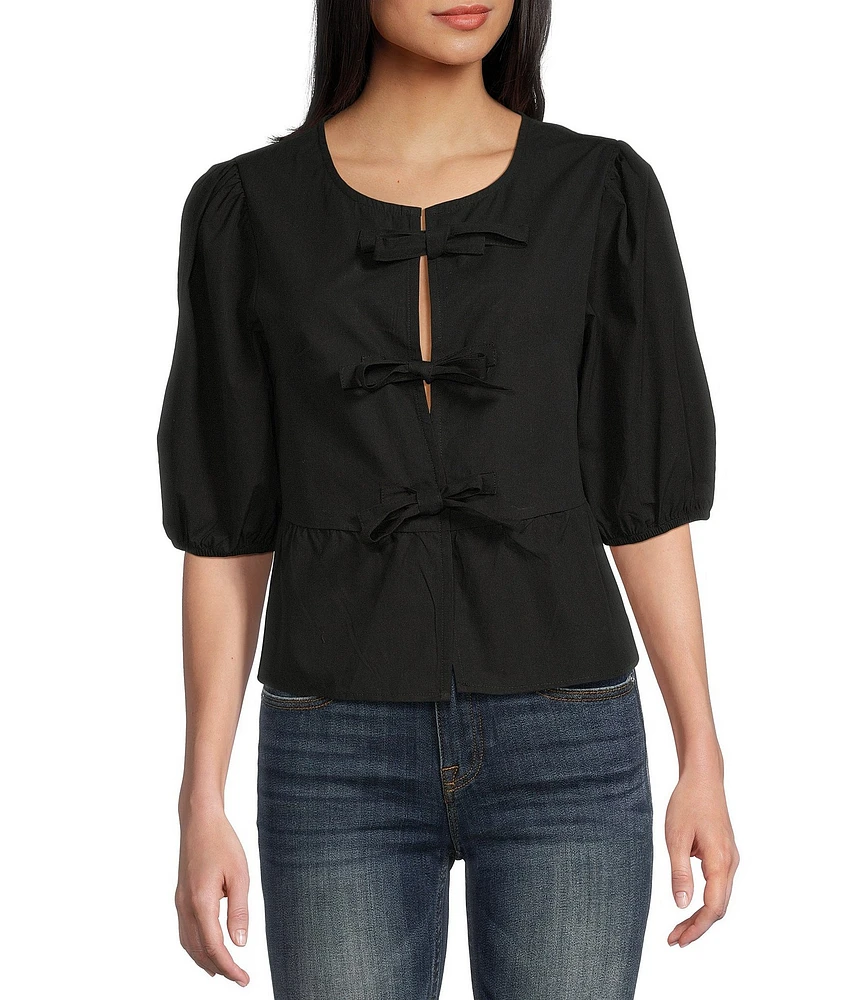 Vigoss Front-Bow-Detailed Short Sleeve Top