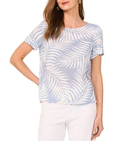 Vince Camuto Tropical Palm Print Woven Crew Neck Short Sleeve Blouse