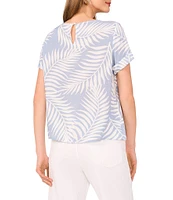 Vince Camuto Tropical Palm Print Woven Crew Neck Short Sleeve Blouse