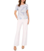 Vince Camuto Tropical Palm Print Woven Crew Neck Short Sleeve Blouse