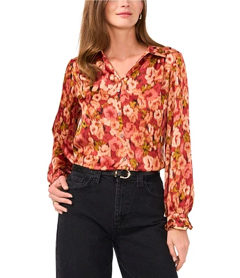 Vince Camuto Abstract Floral Woven Satin Yoryu Point Collar Long Blouson Sleeve Ruffle Cuff Back Yoke Shirttail Blouse