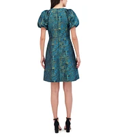 Vince Camuto Abstract Jacquard Round Keyhole Neck Short Balloon Sleeve Fit and Flare Mini Dress