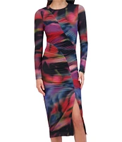 Vince Camuto Abstract Print Crew Neck Long Sleeve Dress