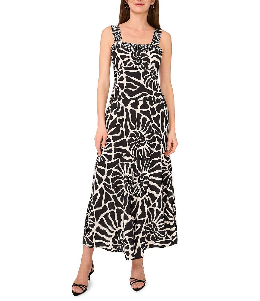Vince Camuto Abstract Printed Square Neck Sleeveless Tiered Maxi Shift Dress