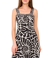 Vince Camuto Abstract Printed Square Neck Sleeveless Tiered Maxi Shift Dress